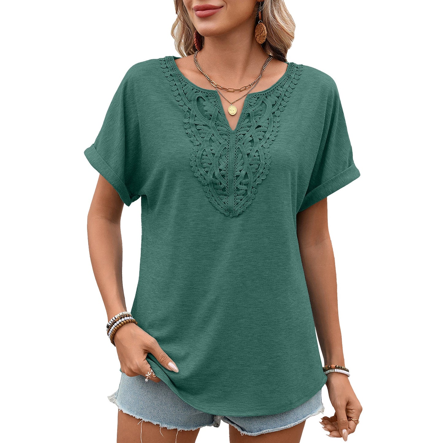 Women Clothing Spring Summer Solid Color V neck Lace Loose Short Sleeve T shirt Top