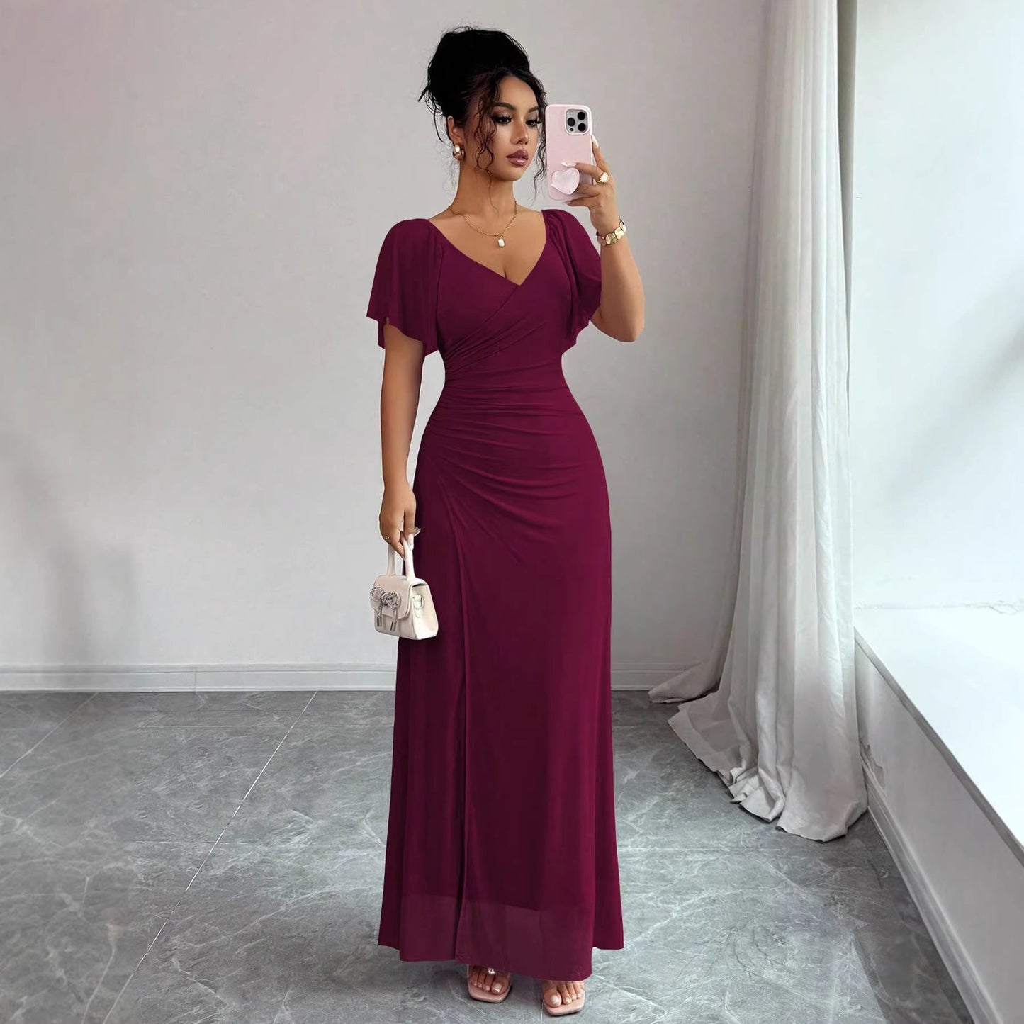 Women Elastic Net V Neck Patchwork Flying Sleeves Slit Evening Dress