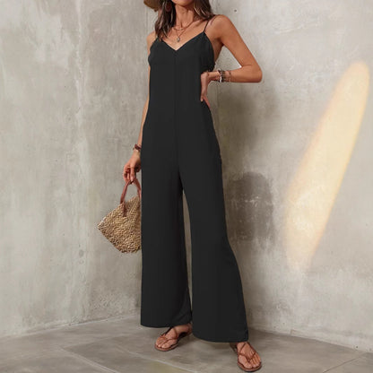 Women Clothing Solid Color Casual Sleeveless Sling Jumpsuit Simple Loose Wide Leg Pants Jumpsuit