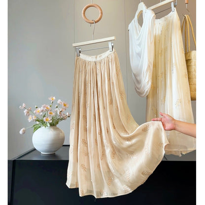 French High Grade Embroidery Sequin Streamer Yarn Women Summer Drape Fairy Cover Swing Maxi Skirt