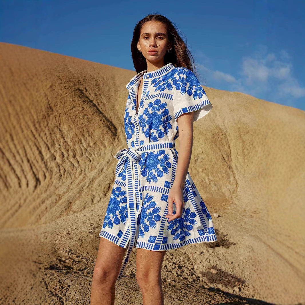 Summer Trade Casual Women Clothing Printed Lace up Dress