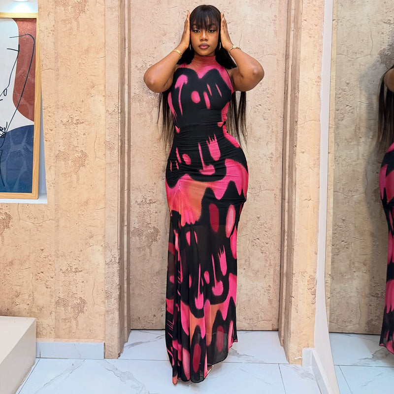 Women Clothing Hollow Out Cutout out Cinched Printed Design Hip Dress Color Matching Turtleneck Sleeveless Dress