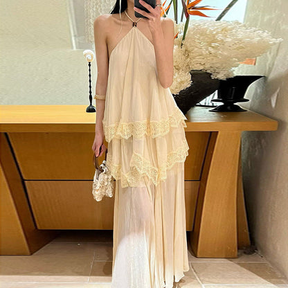 Modern Romantic Tiered Dress Halter Sleeveless Loose Profile Lace High Grade Dress