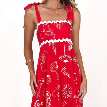 Small Floral Wave Strap Halter A line Dress Women