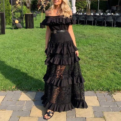 Summer Women Clothing off Shoulder Ruffled Hollow Out Cutout Wide Hem Lace Long Dress