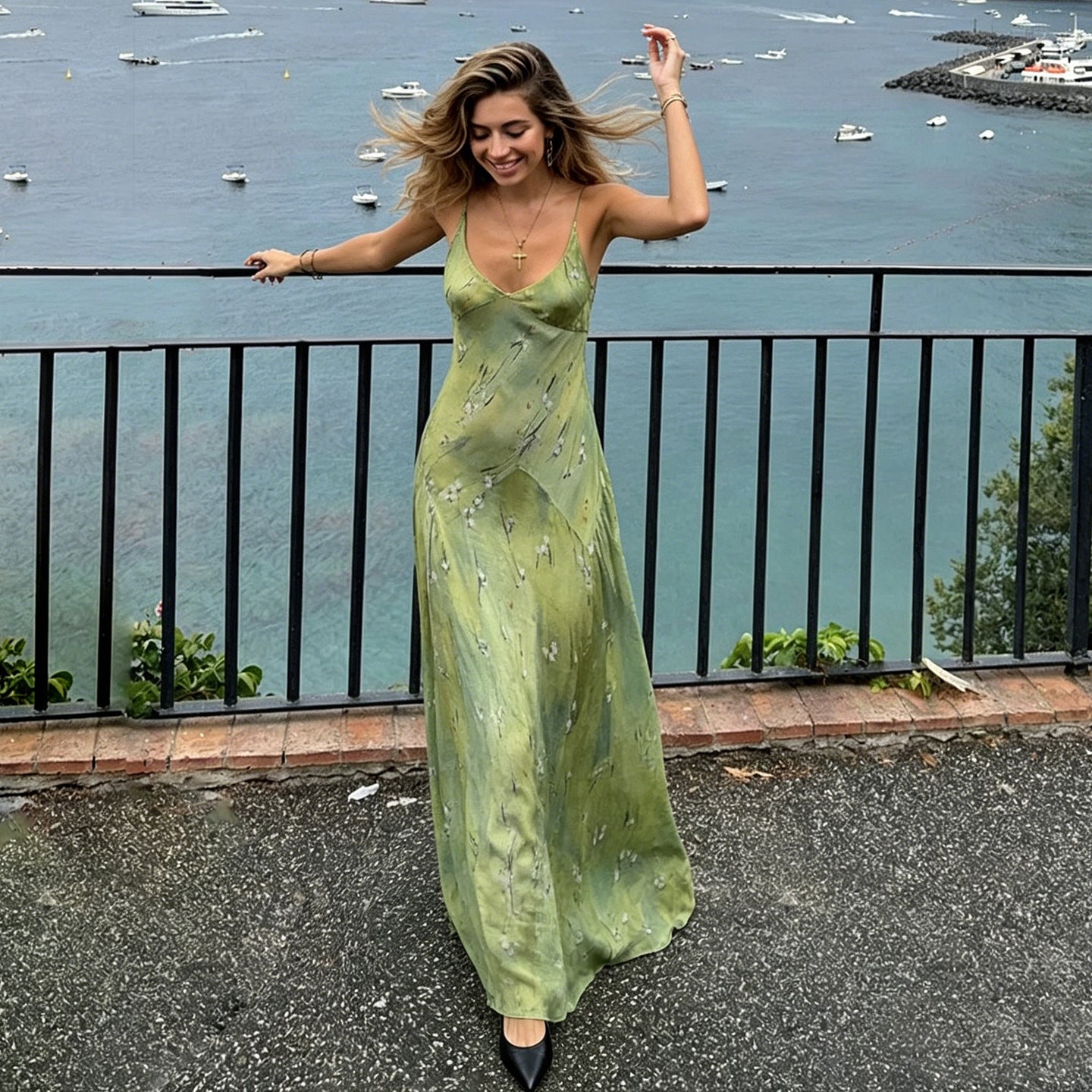 Romantic Floral Printed V neck Strap Dress Vacation Fresh Stylish Elegant Expansion Dress Women