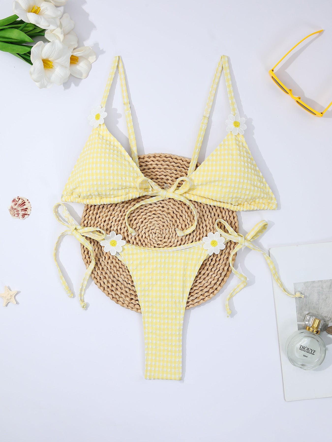 Fresh Yellow Plaid Daisy Split Bikini Swimsuit