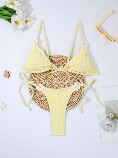Fresh Yellow Plaid Daisy Split Bikini Swimsuit
