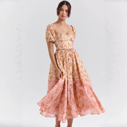 Bubble Sleeve Women Floral Floral Print Pleated Women Dress