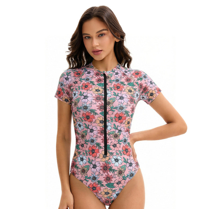 Swimsuit Women Summer Siamese Conservative Printed Short Sleeve Sexy Triangle Swimsuit