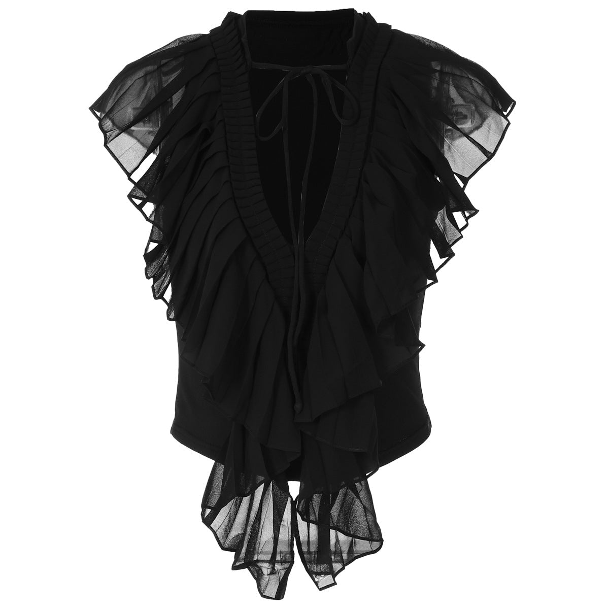 Women Clothing Summer Sexy Deep V Plunge neck Flounce Stitching Strap Sleeveless T shirt Top