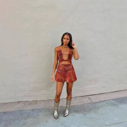 Summer Sexy Contrast Color Backless Bare Cropped Chain Hollow Out Cutout out Stitching Dress