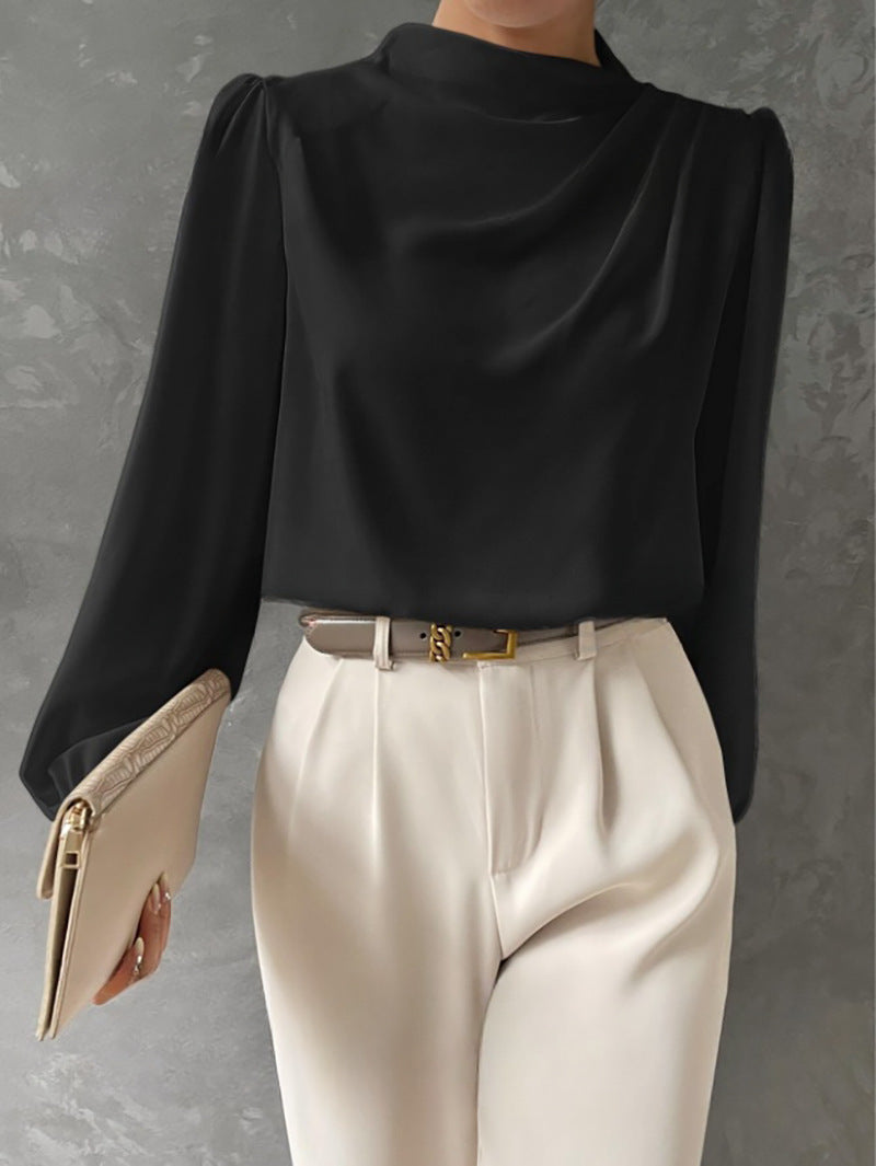 Solid Color Pleated Women Shirt Elegant Pullover Satin Top Office Long Sleeve Top