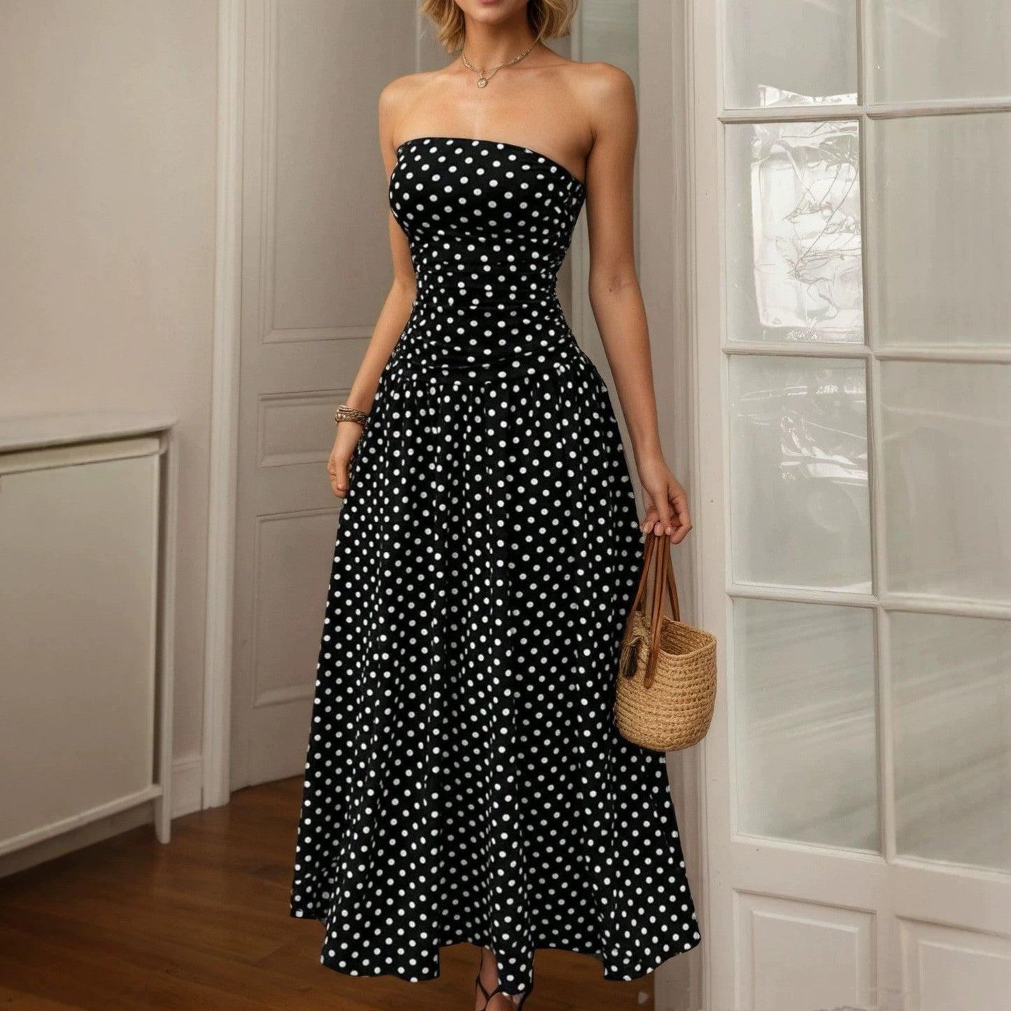 Summer Polka Dot Tube Top Dress Women Slim Fit A line Dress