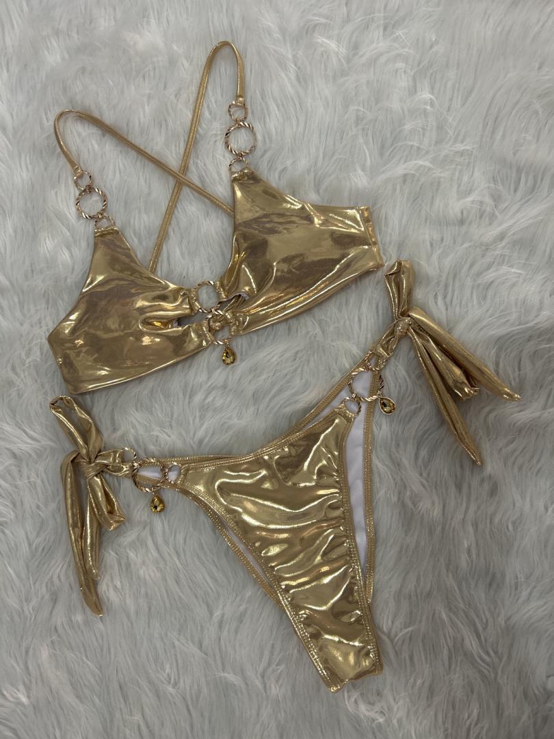 Metal Ring Hanging Diamond Bikini Sexy Cutout Lace up Split Swimsuit Vacation Swimsuit Women