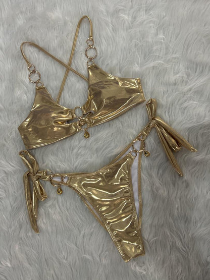 Metal Ring Hanging Diamond Bikini Sexy Cutout Lace up Split Swimsuit Vacation Swimsuit Women