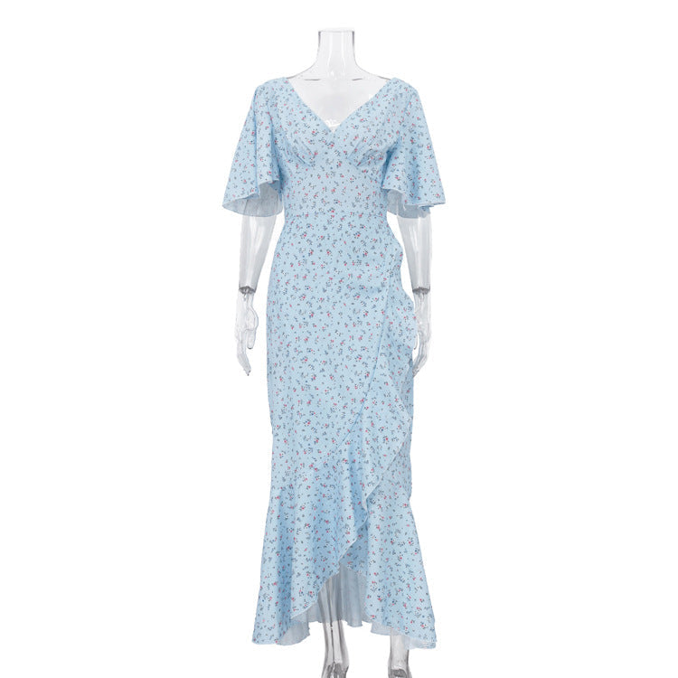 Design Irregular Asymmetric Slit Hemline at Hem Printed Dress Women Summer V neck Short Sleeve High Waist Dress