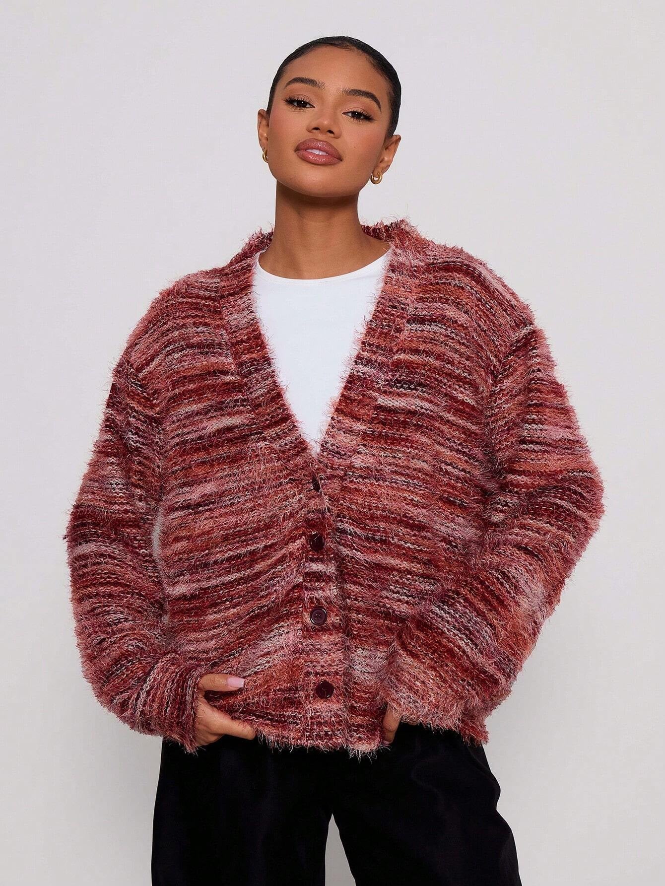 Retro Deep V Plunge neck Design Maillard Plush Long Sleeve Cardigan