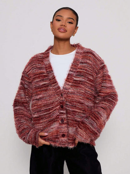 Retro Deep V Plunge neck Design Maillard Plush Long Sleeve Cardigan
