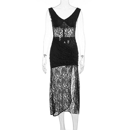 Summer Sexy Lace Hollow Out Cutout out Stitching Spaghetti Straps Slimming Split Dress