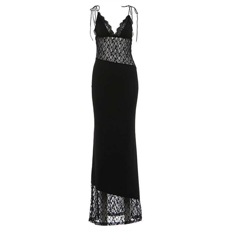 Spring Women Clothing Slim Fit Tied Low Collar Sexy Mesh Stitching Lace Dress Women