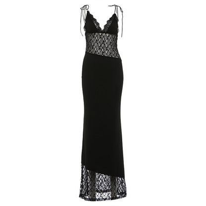 Spring Women Clothing Slim Fit Tied Low Collar Sexy Mesh Stitching Lace Dress Women