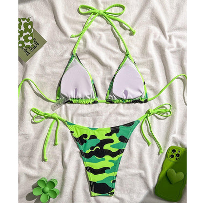 Bikini Camouflage Printed Sexy Halter Lace up Bikini Swimsuit Women Swimwear