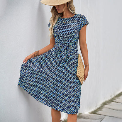 Dress Lace up Flying Sleeves Printed round Neck Dress