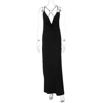 Summer Sexy Deep V Plunge neck Strap Backless Maxi Dress Solid Color Slim Fit Dress