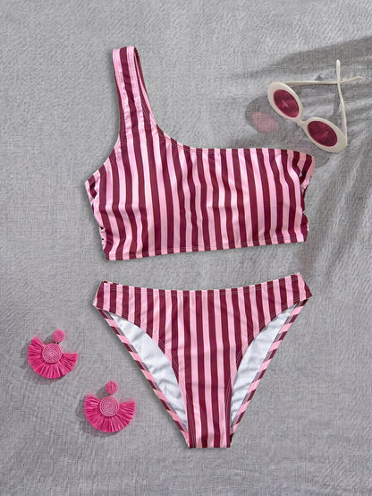 Bikini Pink Striped One Shoulder Tube Top Bikini Sexy Backless Low Waist Split Swimsuit