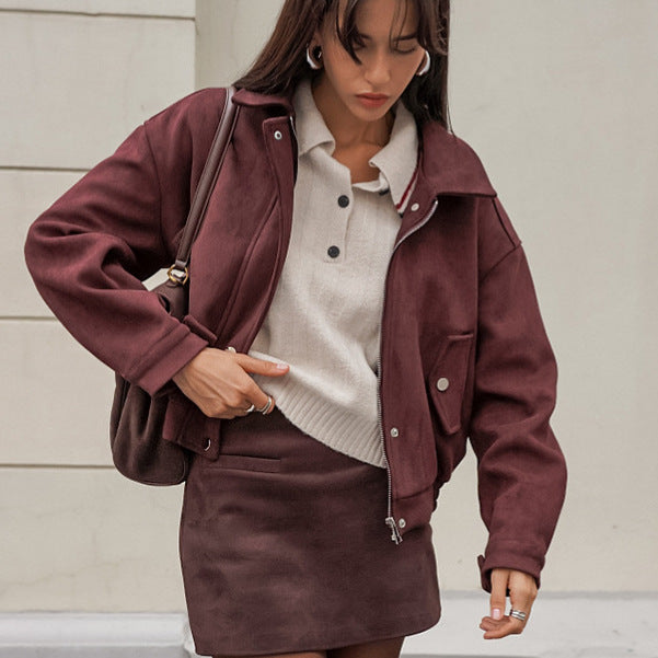 Fall Winter Niche Collared Long Sleeve Brown Atmosphere Suede Cardigan Coat Women Locomotive Leather Coat