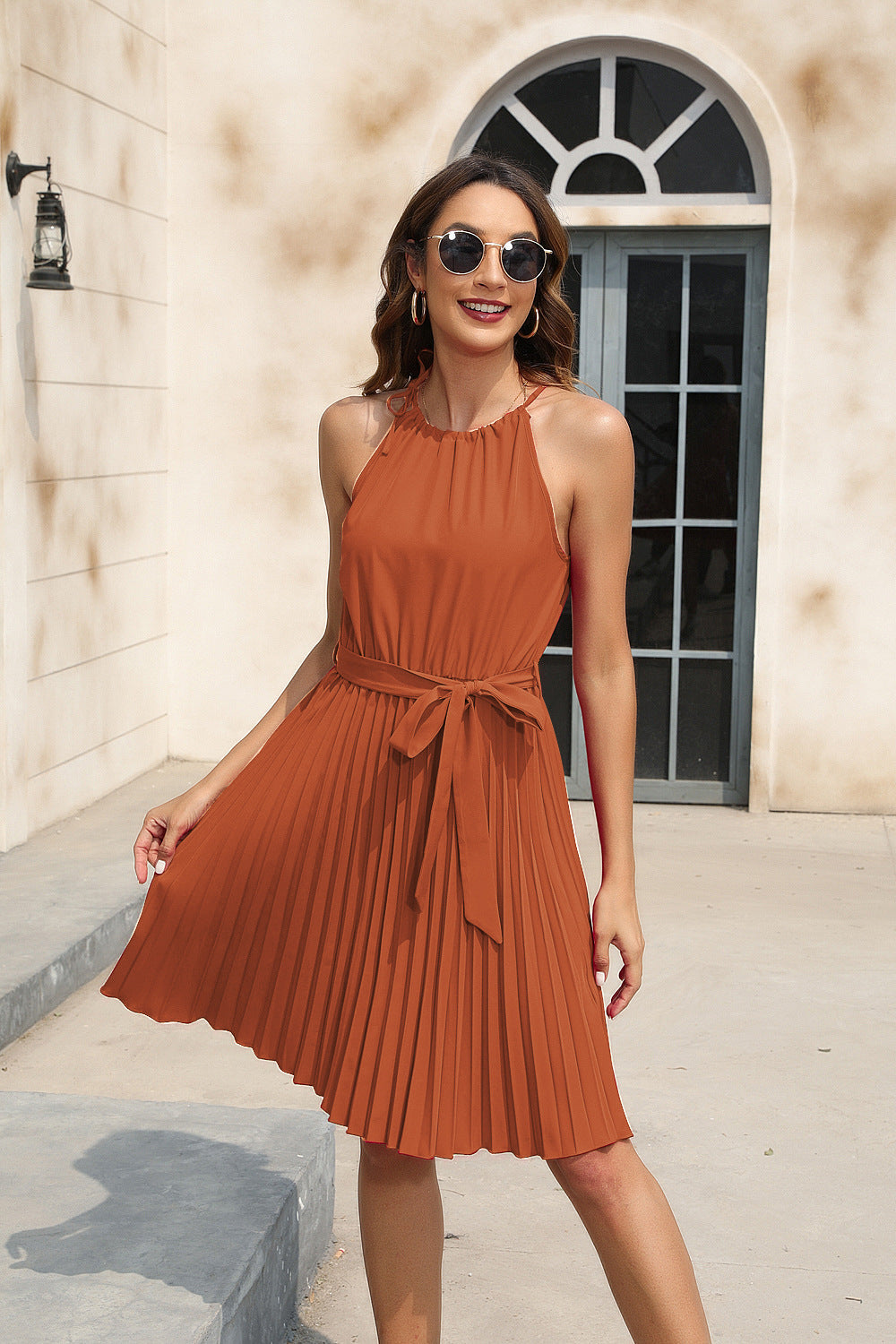 Spring Summer Women Clothing Solid Color Waist Tight Cami Dress Party Party Dress V neck Sleeveless Hem Dress