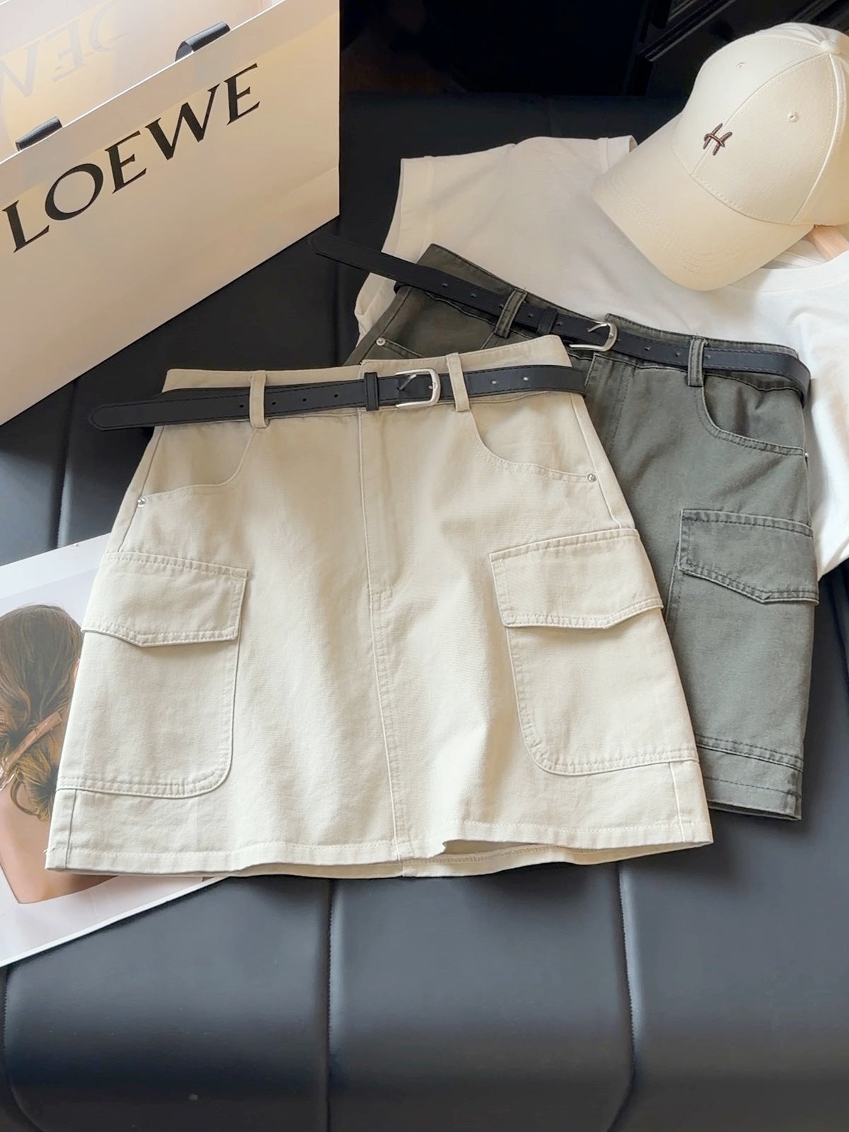 Workwear Denim Skirt Women Summer High Waist Slimming Multi Pocket Anti Exposure A line Skirt (No belt)