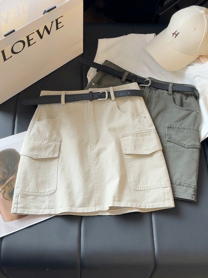 Workwear Denim Skirt Women Summer High Waist Slimming Multi Pocket Anti Exposure A line Skirt (No belt)