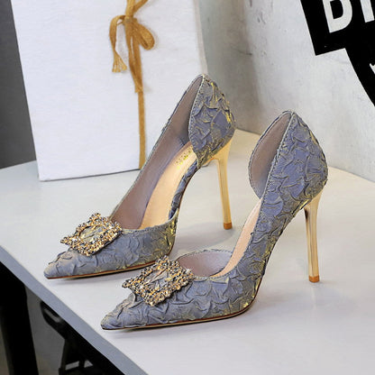 French Rhinestone Square Buckle Side Hollow Out Cutout Slip on Super High Heel Satin Gentle Elegant Stiletto Wedding Shoes