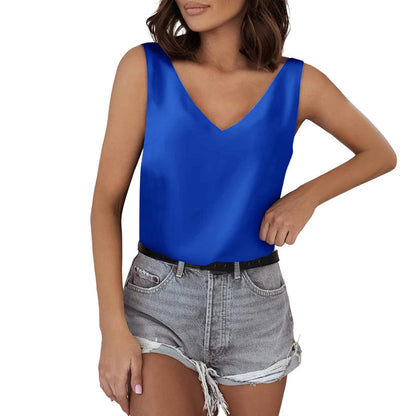 Solid Color Satin Vest V neck Casual Camisole Sleeveless Shirt Summer Basic