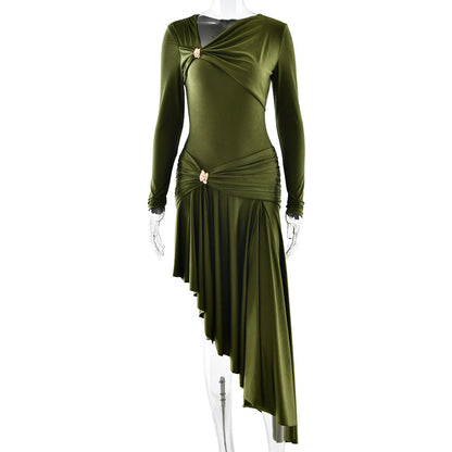 Autumn Winter Graceful Fashionable Women Slim Dress Sexy Pleated Irregular Asymmetric Maxi Dress