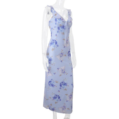Yellow Floral Maxi Dress | Retro V-Neck Summer Party Gown -femstylo
