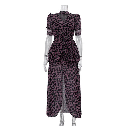 Digital Printing French Dress Women V neck Short Sleeve Front Slit Waist Seal Floral Dress