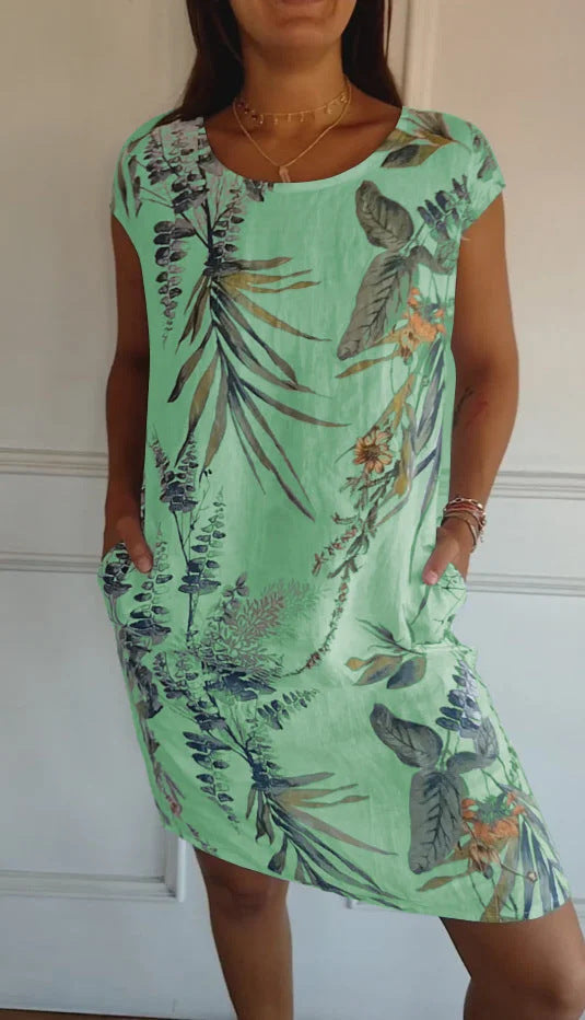Women Clothing Summer Cotton Linen round Neck Printed with Pocket