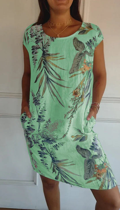 Women Clothing Summer Cotton Linen round Neck Printed with Pocket