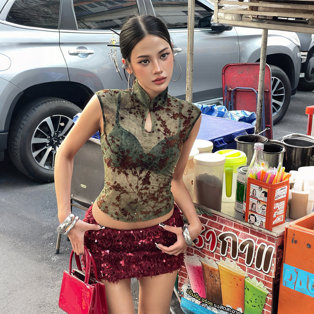Spring Women Clothing Printed Slim Mandarin Collar Personality See through Sleeveless Waist-Controlled Top