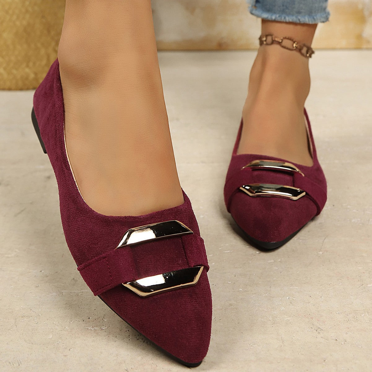Shallow Mouth Suede Metal Buckle Flat Pumps Women Soft Bottom Office Work Gommino