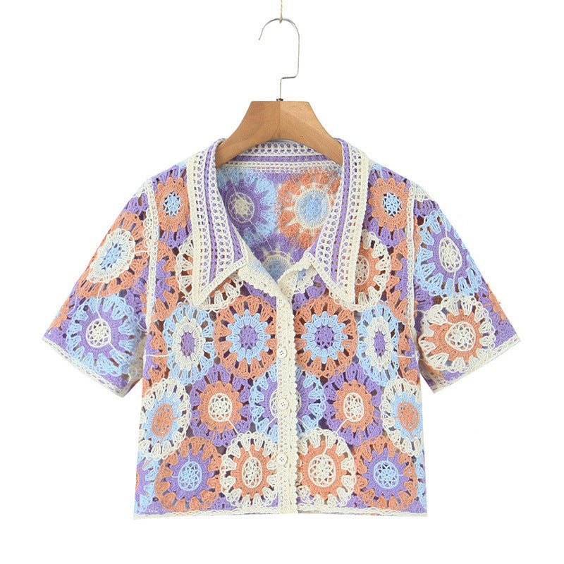 Retro Lapels Crocheted Top Spring Women Clothing Years Contrast Color Breasted Short Sweater