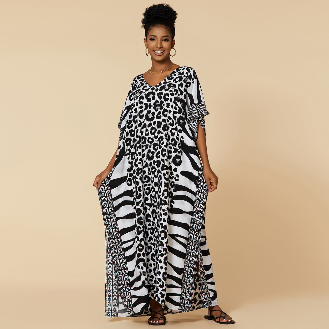 Loose Long Beach Cover Up Rayon Positioning Print Holiday Robe Dress Women