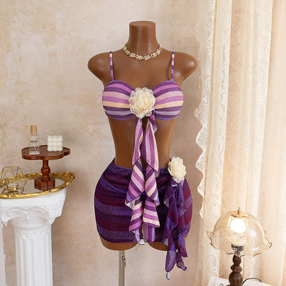 Swimwear Striped Mesh Three Piece Short Skirt Sexy Bikini Bikini Swimsuit