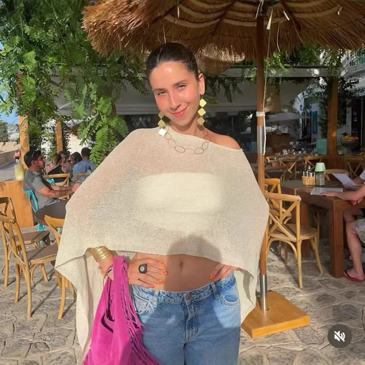 Irregular Asymmetric Hollow Out Cutout out Beach Cover up Vacation Sun Protection Shawl Thin Ice Silk Knitted Top
