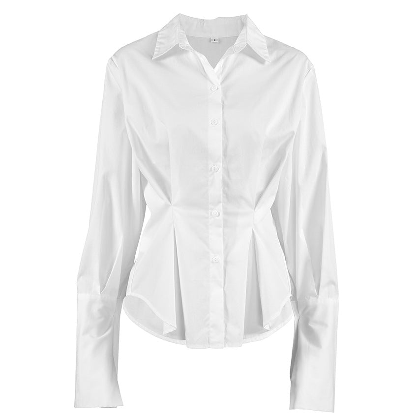 Court White Cotton Shirt Women Light Luxury Pleat Waisted Slim-Fit Long-Sleeved Collared Shirt