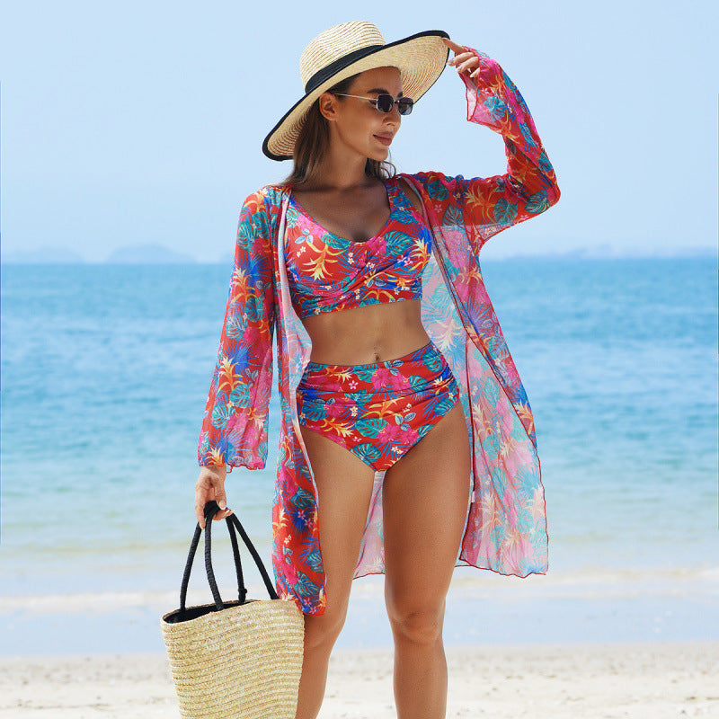 Swimwear Women Split Printed Bikini Bikini Mesh High Waist Swimsuit Three Piece Swimsuit
