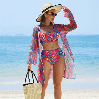Swimwear Women Split Printed Bikini Bikini Mesh High Waist Swimsuit Three Piece Swimsuit